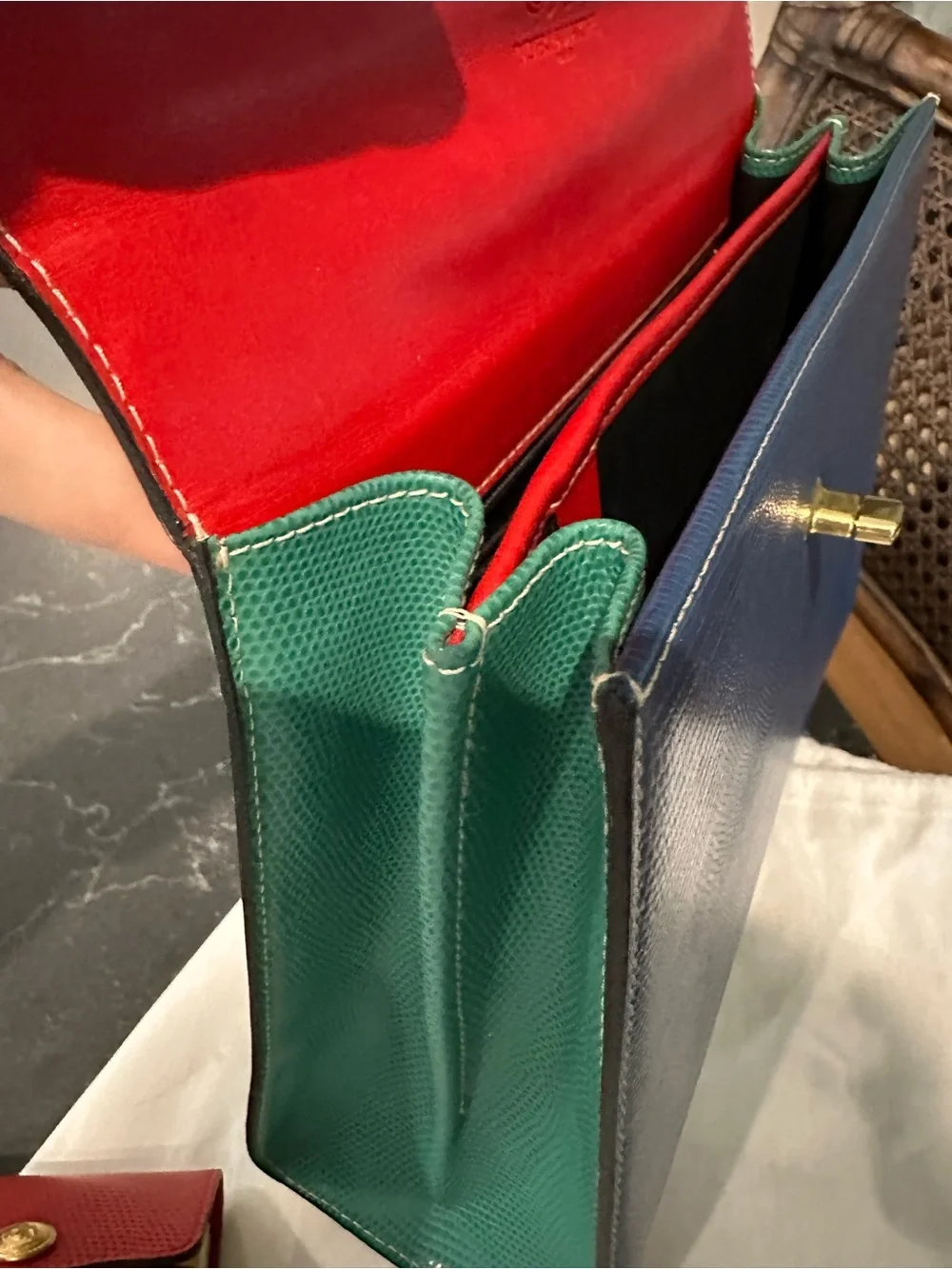 Didier Lamarthe Vintage Structured Leather Satchel in Red, Blue & Green